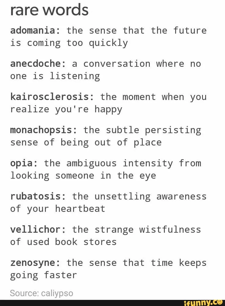 Rare words adomania: the sense that the future is coming too quickly anecdoche: a conversation where no one is listening kairosclerosis: the moment when you realize you're happy monachopsis: the subtle persisting sense of being out of place opia: the ambiguous intensity from looking someone in the eye rubatosis: the unsettling awareness of your heartbeat vellichor: the strange wistfulness of used book stores zenosyne: the sense that time keeps going faster Source: caliypso - ) Essay Writing Skills, Writing Dialogue Prompts, Book Writing Tips, Writing Words, Writing Plot, Writing Help, Writing Ideas, Weird Words, Unusual Words
