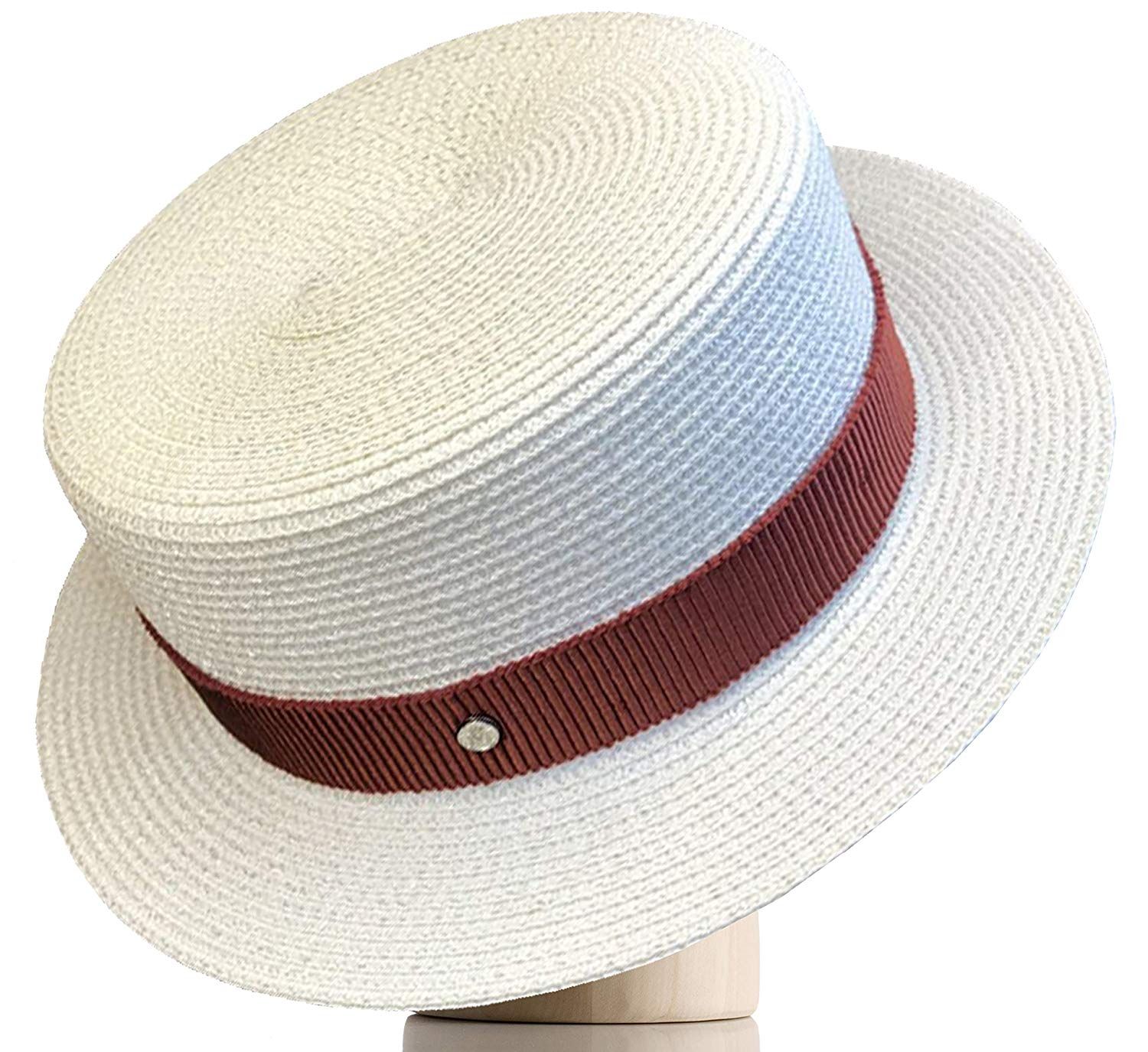 Lawliet Womens Mini Straw Boater Hat Fedora Panama Flat Top Ribbon Summer A456