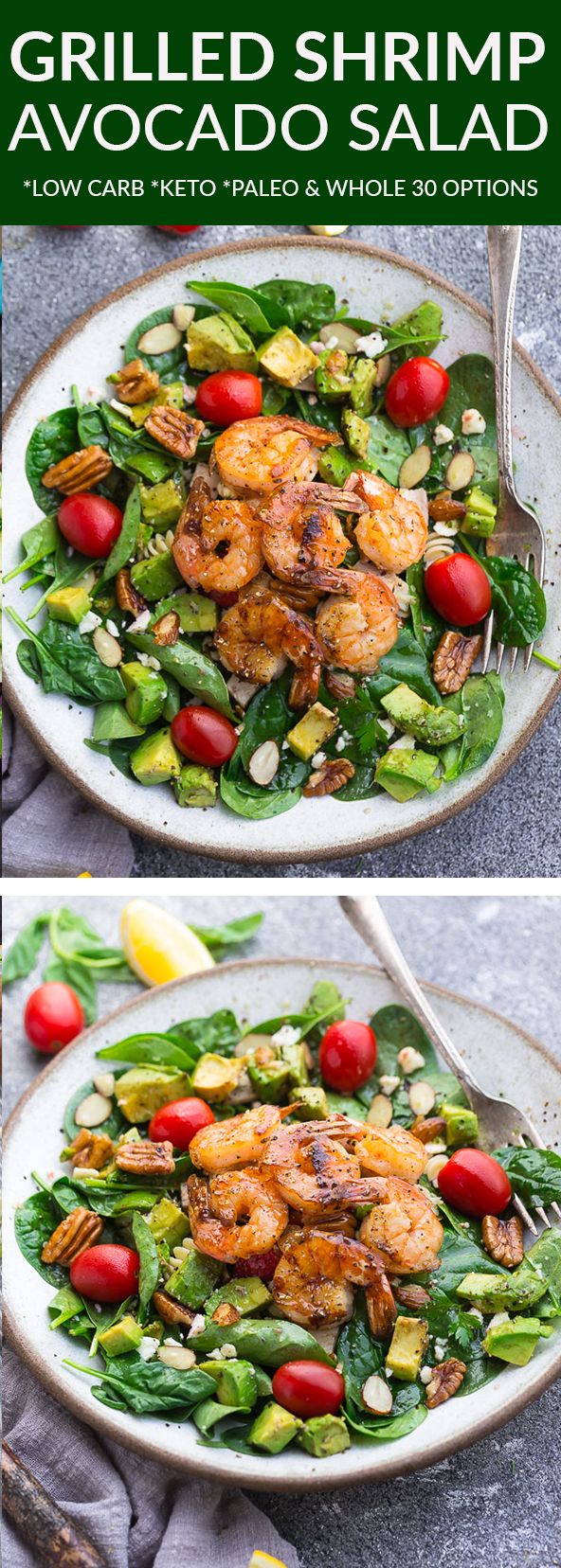Grilled Shrimp Avocado Salad – a light and healthy & flavorful dish perfect for lunch or a light dinner. Made with spinach, avocado, cherry tomatoes, pecans, almonds and a homemade poppy-seed dressing. Low Carb, keto, paleo & Whole 30 compliant. #salad #shrimp #avocado #spinach #healthy #lowcarb #keto #whole30 #paleo #lunch #dinner #grill Low Carb Recipes Dessert, Lunch Recipes, Seafood Recipes, Paleo Recipes, Dinner Recipes, Summer Salad Recipes, Summer Salads, Healthy Salads, Spinach Healthy