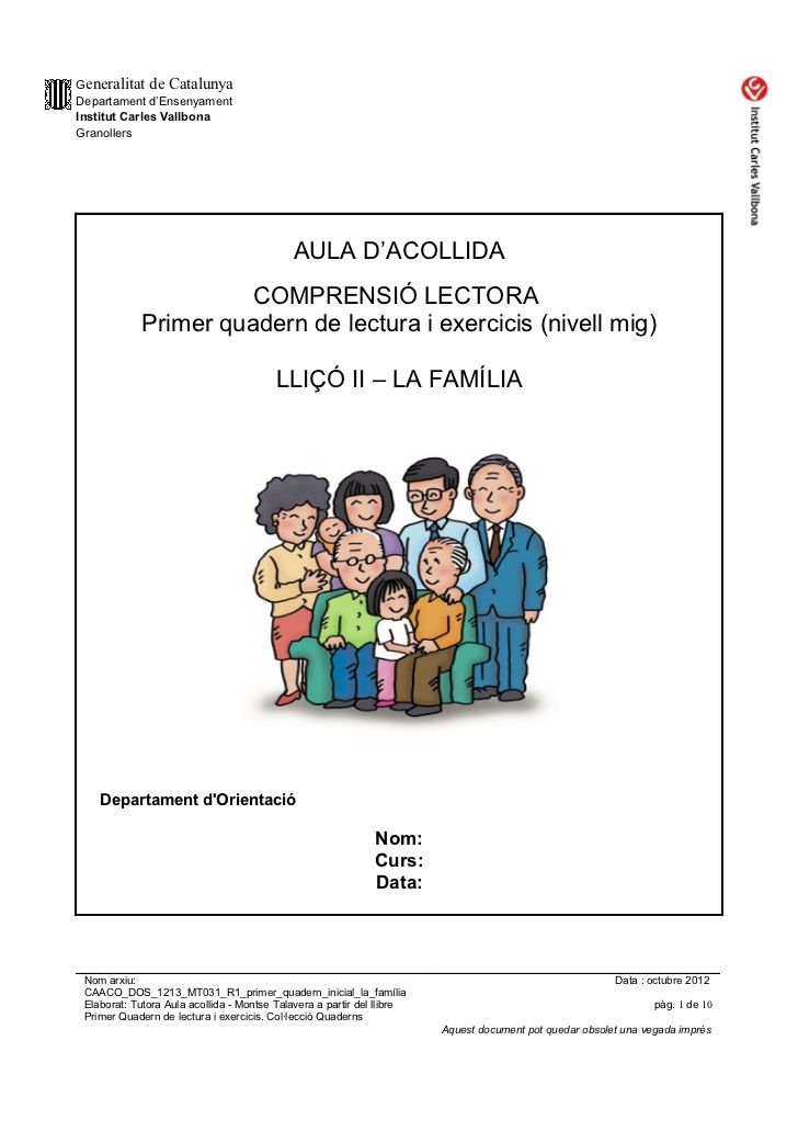 Caaco Dos 1213 Mt031 R1 Primer Quadern Inicial La Familia Lectures Comprensives Teaching Primer