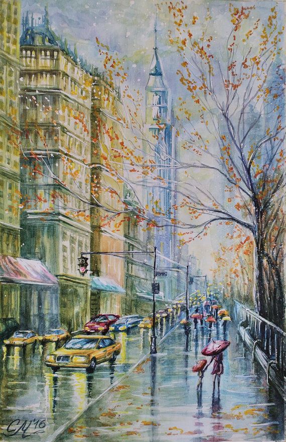 New York rain watercolor painting Manhattan NYC city New York rain watercolor painting Manhattan NYC city