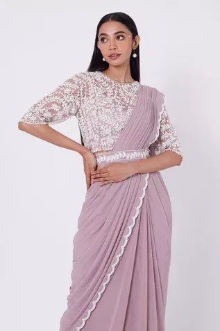 Shop for Onaya Purple Lycra Pre-draped Saree With Blouse for Women Online at Aza Fashions Wear Crop Top, Satin Color, Blouse Online, Embroidered Blouse, Women Online, Blouses For Women, Lycra, Types Of Sleeves, Sari