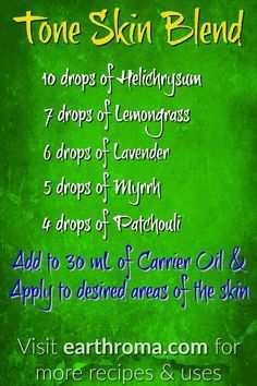Tone Skin Essential Oil Blend. 10 drops of helichrysum essential oil. 7 drops of lemongrass essential oil. 6 drops of lavender essential oil. 5 drops of myrrh essential oil. 4 drops of patchouli essential oil. Add to 30ml (1 ounce) of carrier oil. A Lavender Essential Oil Benefits, Essential Oil Beauty, Helichrysum Essential Oil, Essential Oil Remedy, Essential Oils Gifts, Essential Oils For Skin, Patchouli Essential Oil, Lemongrass Essential Oil, Essential Oil Diffuser Blends