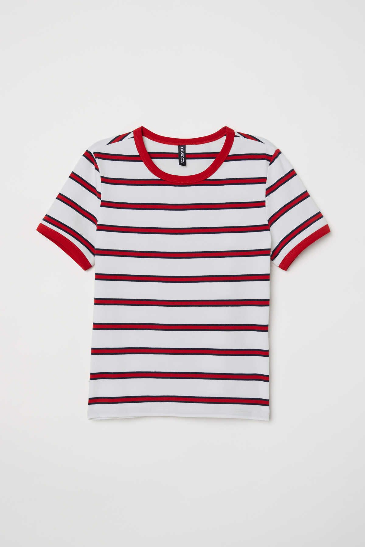 Short jersey top | White/Red striped | LADIES | H&M AU | Red shirt outfits, Tops, Short tops