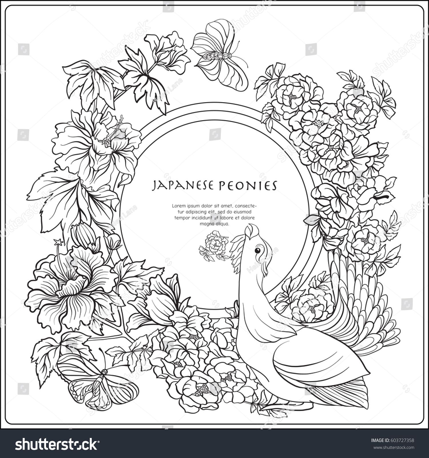 Vector stock illustration with Japanese peony and wild roses and bird