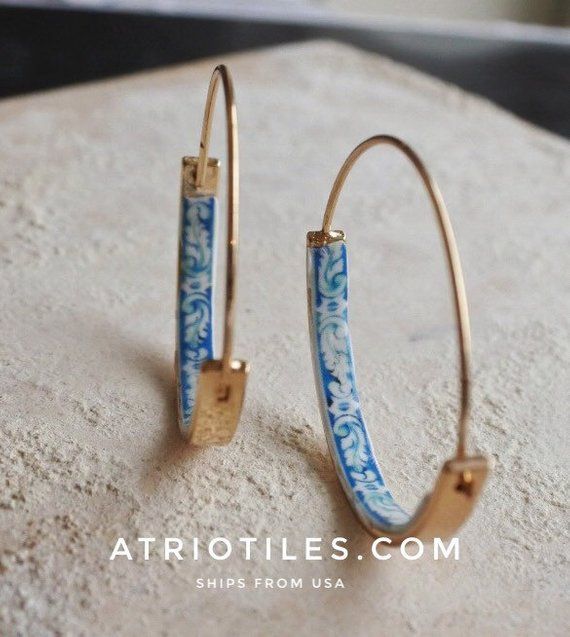 Hoops Earrings Hoop Atrio Tile Blue Portugal STAINLESS STEEL Azulejo University of Evora Delicate 1 1/4 (3.18cm) Ships from USA gold tone #bestplacesinportugal
