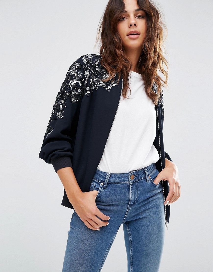 Image 1 of ASOS Embellished Trophy Bomber | Top | Pinterest ... Ver tops de mujer en ASOS. Ver camisas, blusas, camisolas y tops para salir, de estilos de tendencia. - sin mangas, transparente y de malla.
