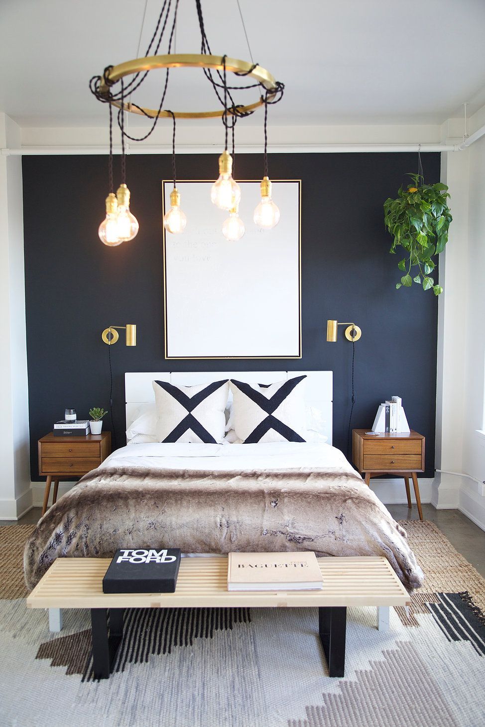 Guest Room Black Accent Wall Splashes Of Gold Taupes Neutrals In The Rug Linens His Hers Sconces Be Bedroom Interior Home Decor Bedroom Blue Accent Walls