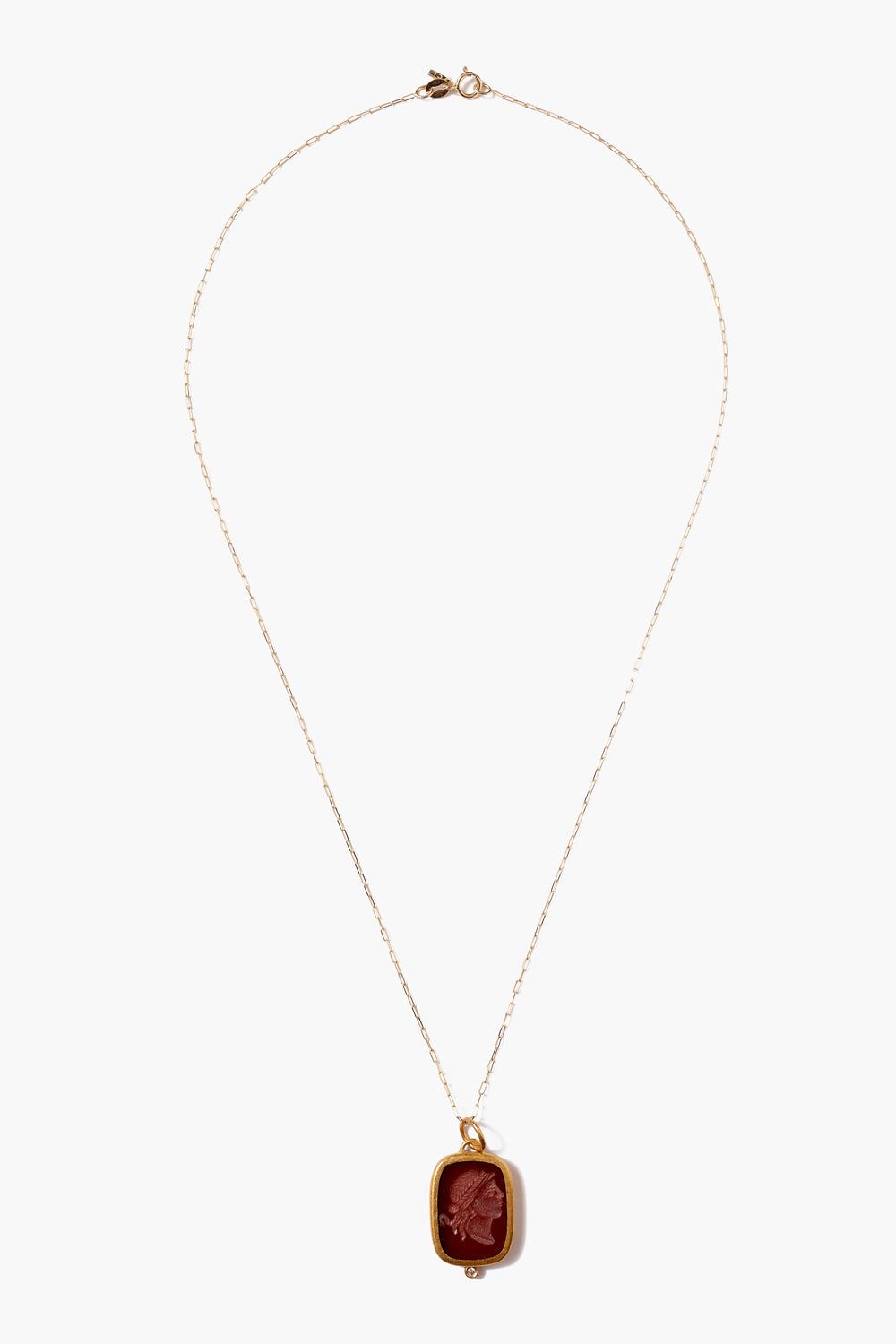 A one-of-a-kind pendant necklace featuring a red agate Zeus intaglio wrapped in 24k gold with sterling silver back and .02ct diamond. Sterling silver and 24k gold wrapped pendant, 14k gold chain. Chain Length: 18", Pendant: 1" x 5/8" Handmade in USA. 14k Gold Chain, Gold Chains, Gold Wrap, Red Agate, Wrapped Pendant, Zeus, 24k Gold, Pendant Necklace