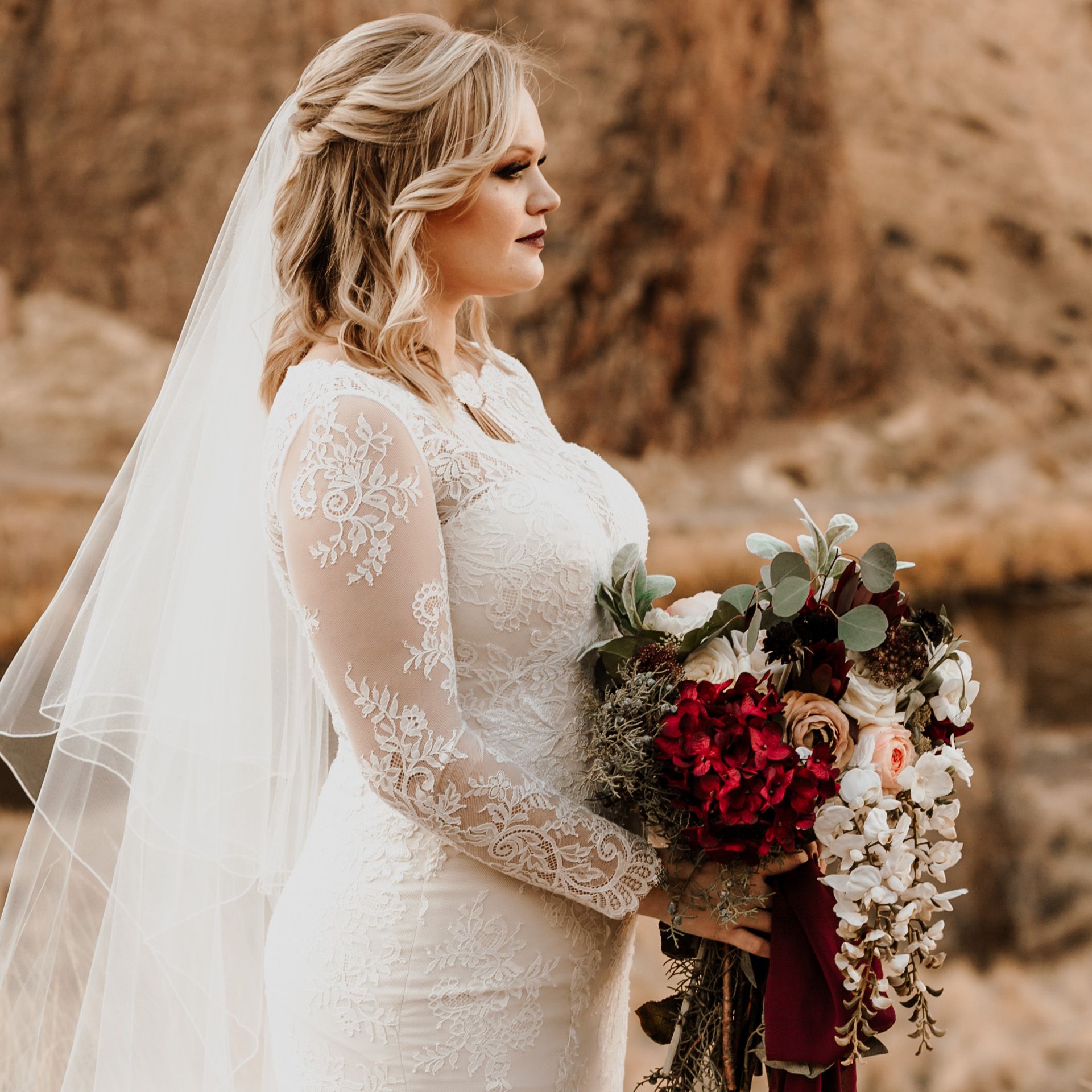 Long Sleeve Lace Wedding Dress Dark Moody Floral Bouquet