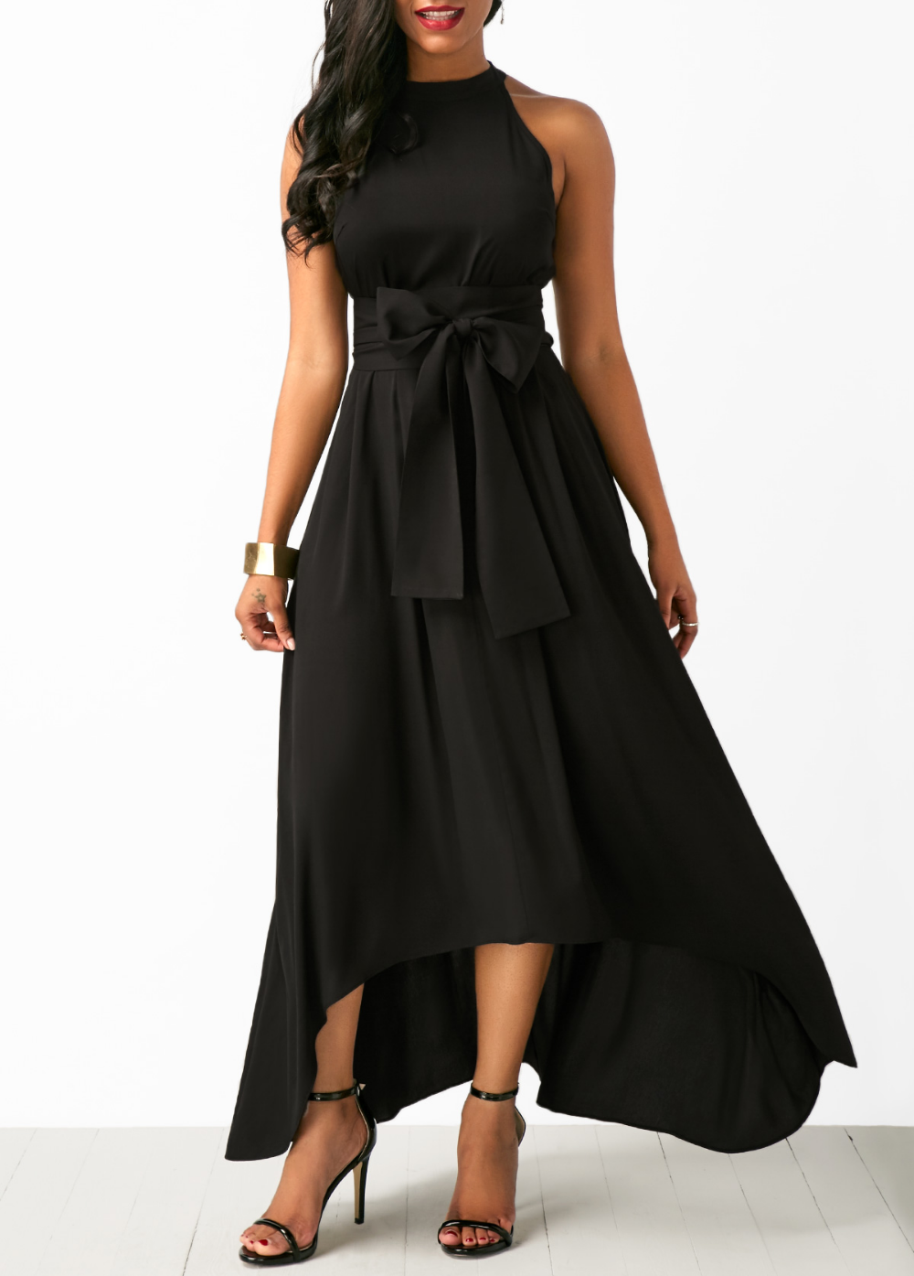 Asymmetric Hem Belted Black Maxi Dress and Cardigan | Black dresses ...