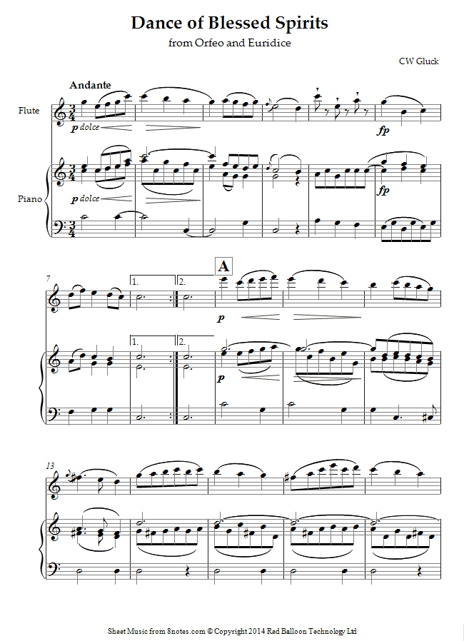 gluck dance of blessed spirits from orfeo and euridice sheet music dance of the blessed spirits flute sheet music