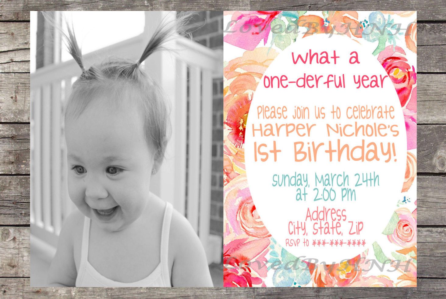 First Birthday Invitation floral invitation onederful year Colorful