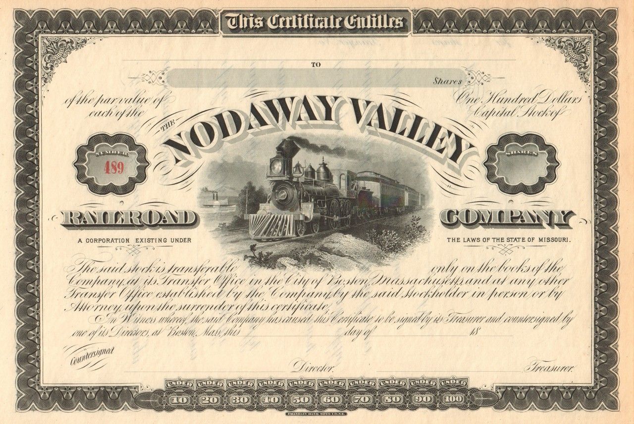 Nodaway Valley Railroad Company Stock Certificate Circa 1879