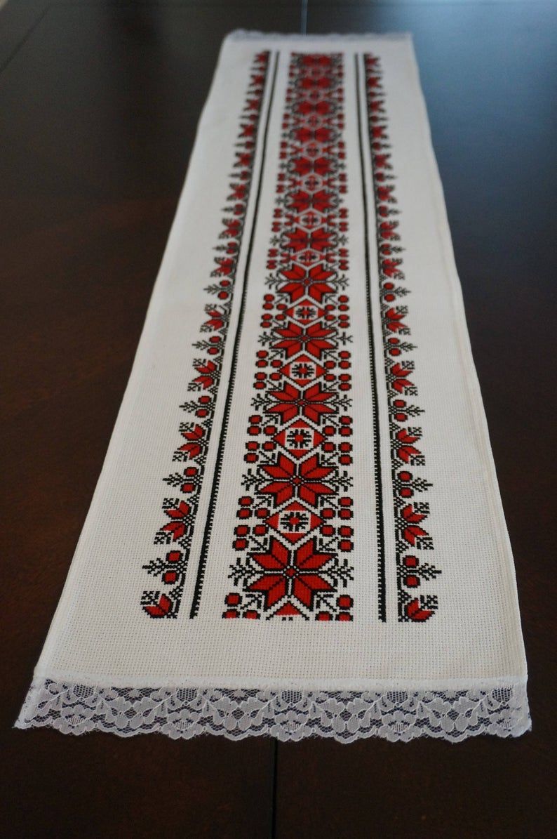 Handmade Cross Stitch Table Runner Romanian Handmade Embroidered Table Runner Rustic Table Runner Red Black Embroidery And White Lace Cross Stitch Cross Stitch Art Cross Stitch Designs
