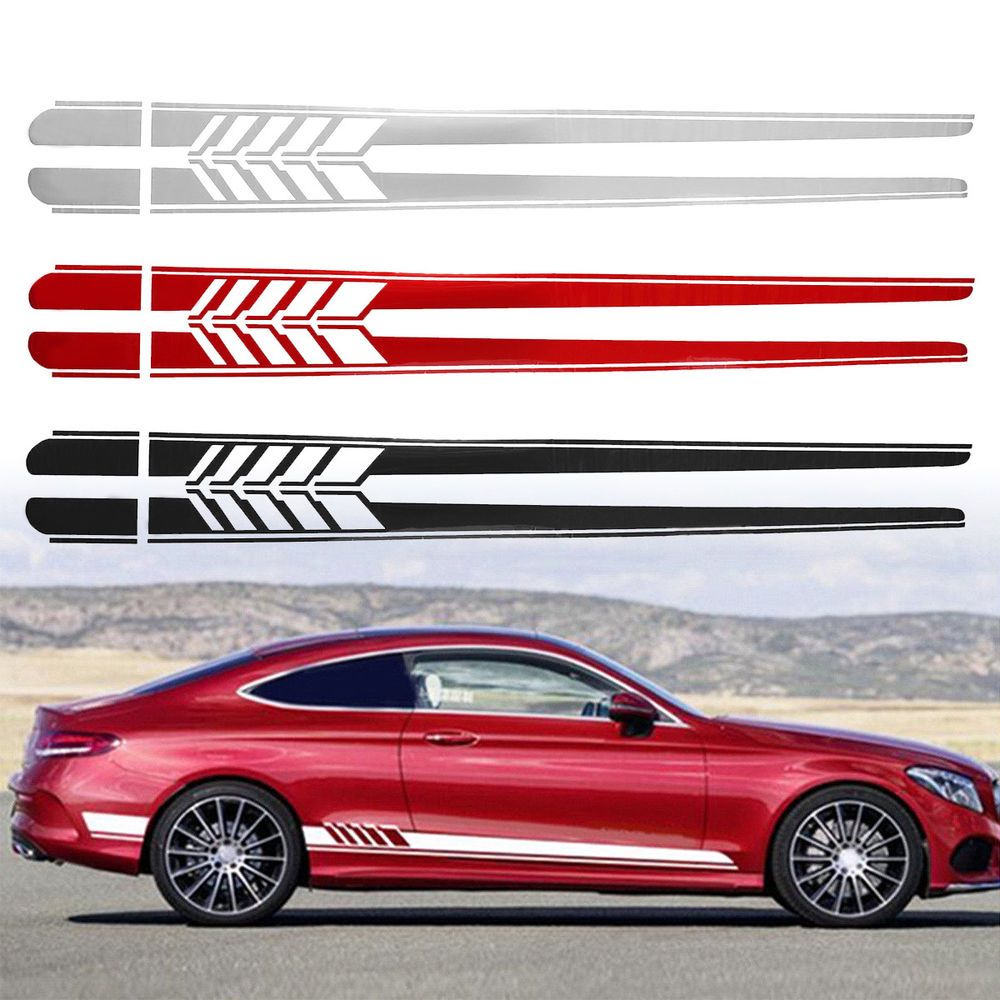 2Pcs Car Sports Racing Race Both Side Body Vinyl Black Long Stripe Decal Sticker