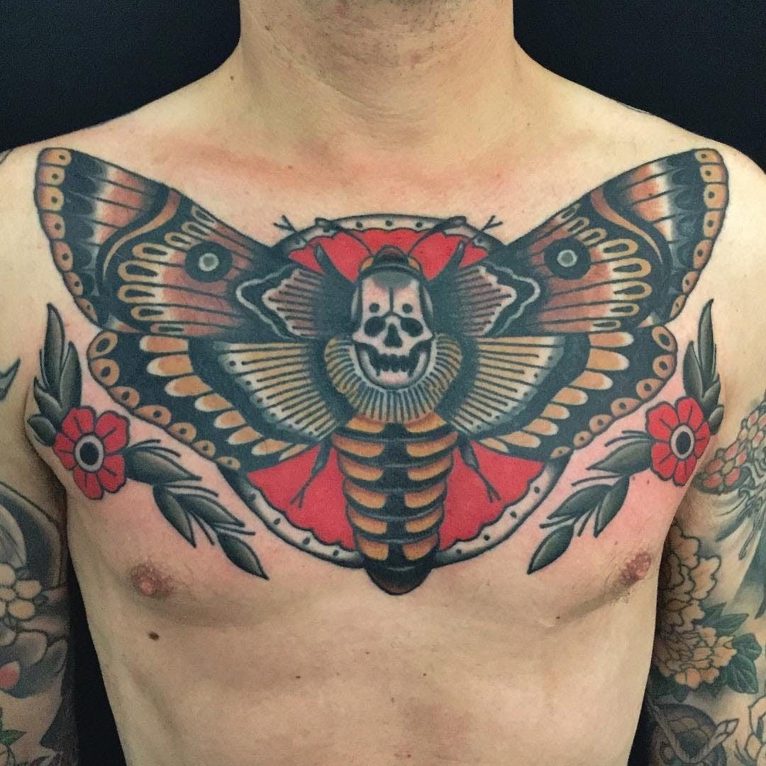 Mors S Bright Color Traditional Tattoo Chest Piece Tattoos Traditional Chest Tattoo Chest Tattoo Men