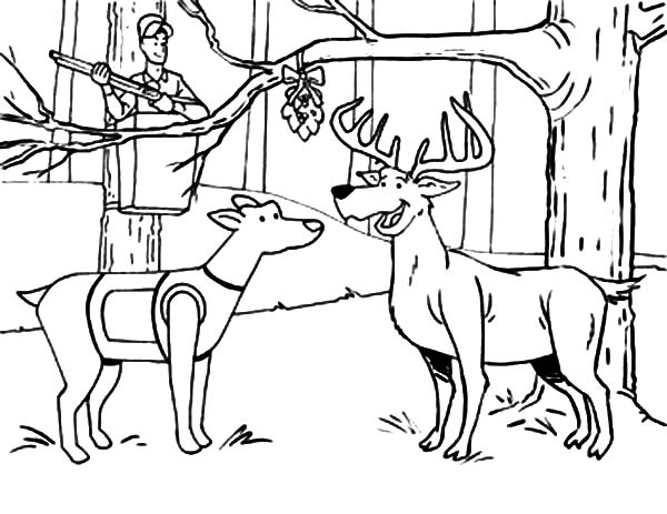 Hunting Deer And A Dog Under The Mistletoe Coloring Pages