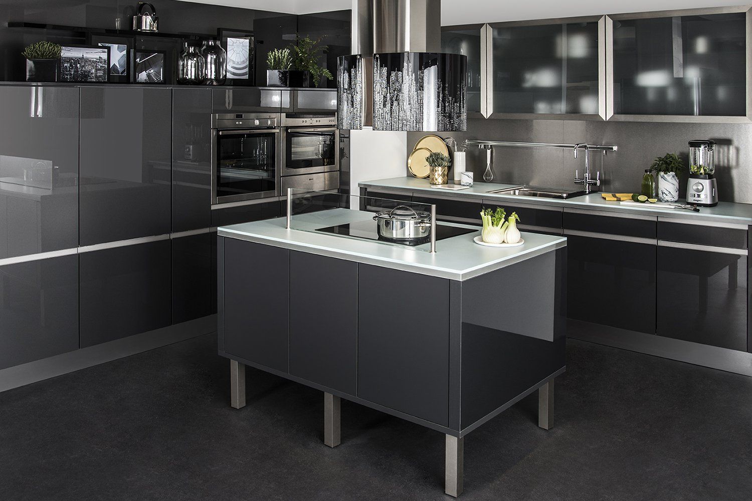 ETOILEDARTY meubles bas + îlot central acrylique pailleté brillant gris anthracite sans ETOILEDARTY meubles bas + îlot central acrylique pailleté brillant gris anthracite sans