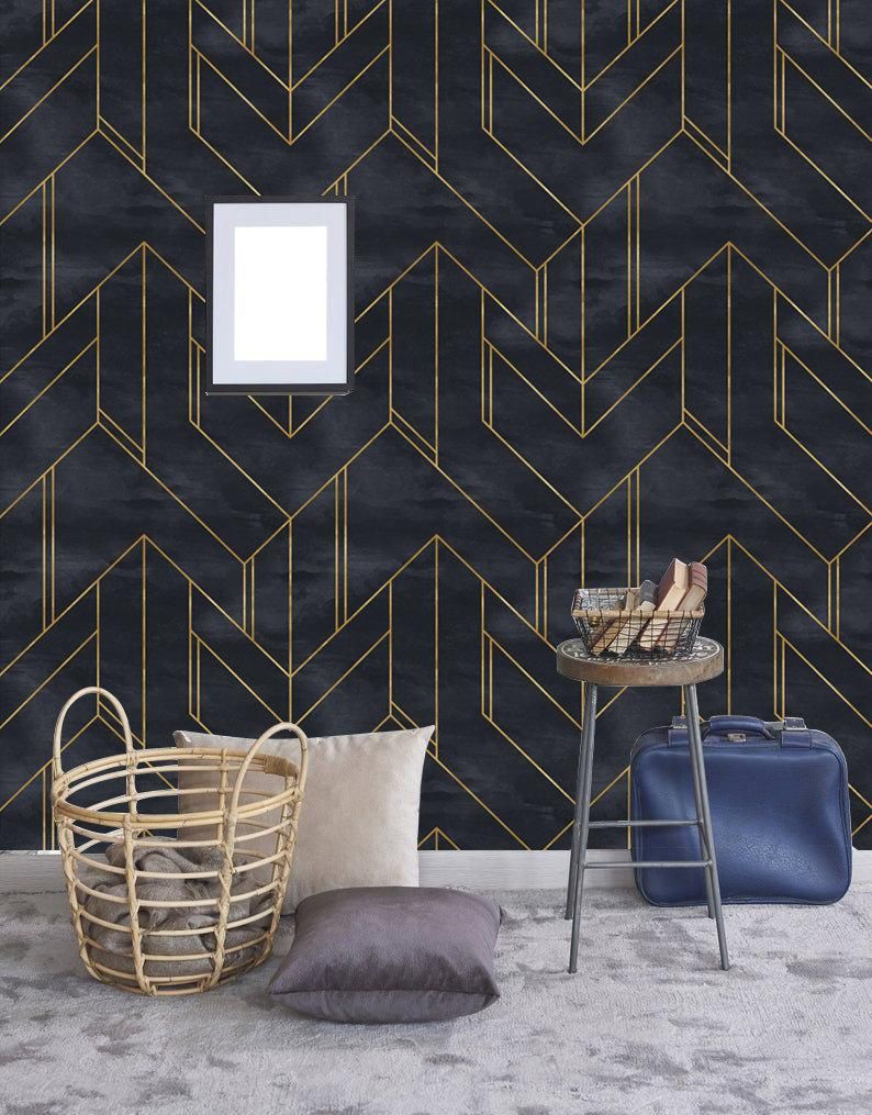 Removable Wallpaper Gold And Navy Blue Geometric Peel Stick Etsy Removable Wallpaper Navy Wallpaper Gold Geometric Wallpaper