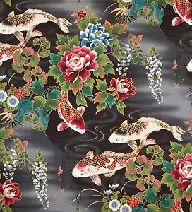 Korakuen Fans Black White Floral Kona Bay Asian Fabric 26" Remnant Korakuen Fans Black White Floral Kona Bay Asian Fabric 26" Remnant