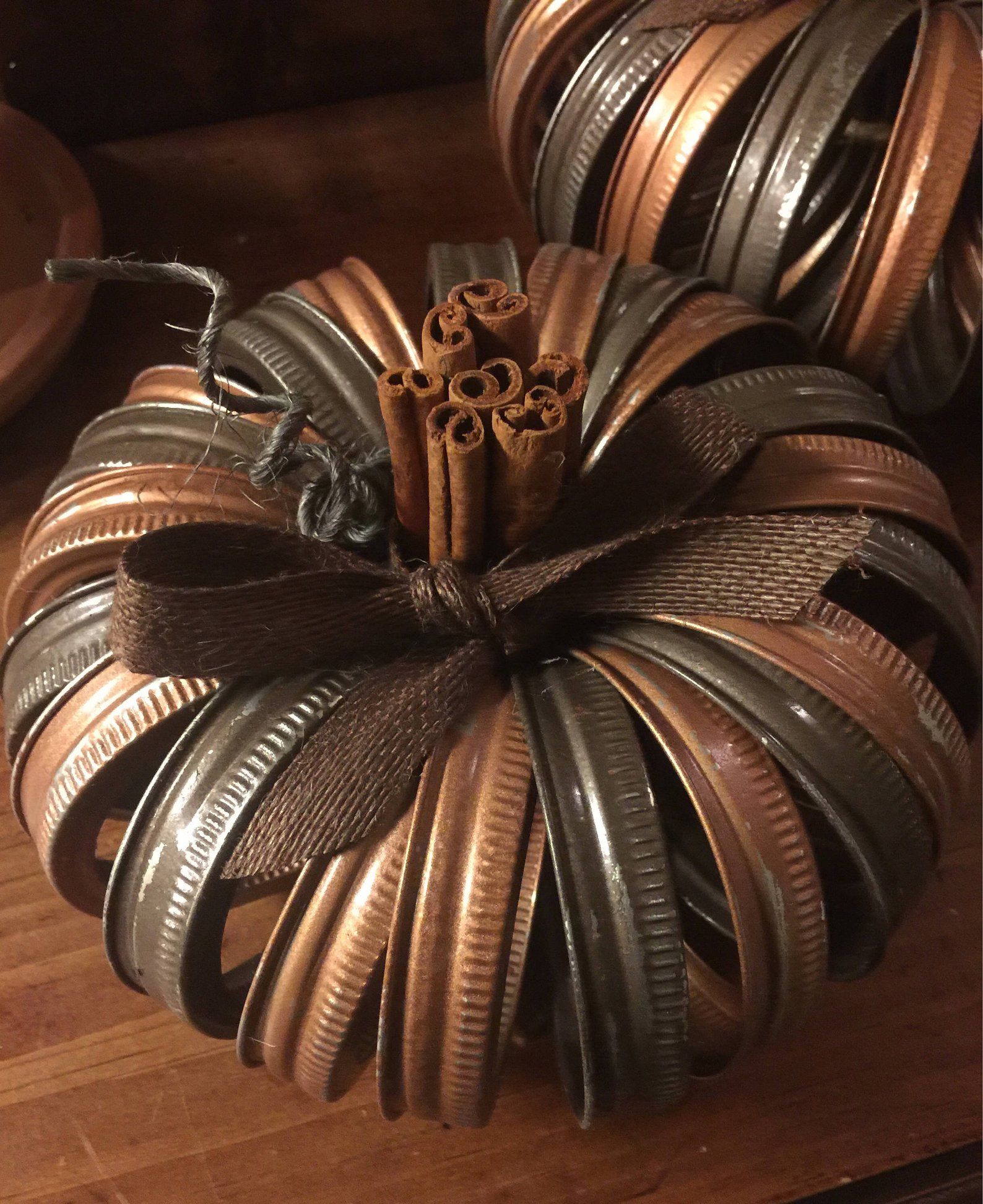Recycled mason jar lid pumpkin Rustic Fall decor Metal Canning ring pumpkin country fall decor Halloween decor Fall decorations #falldecorideas