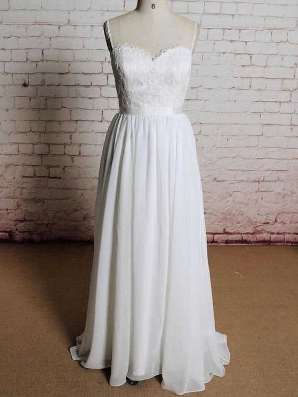 Simple Backless Lace Spaghetti Straps Cheap Beach Wedding Dresses