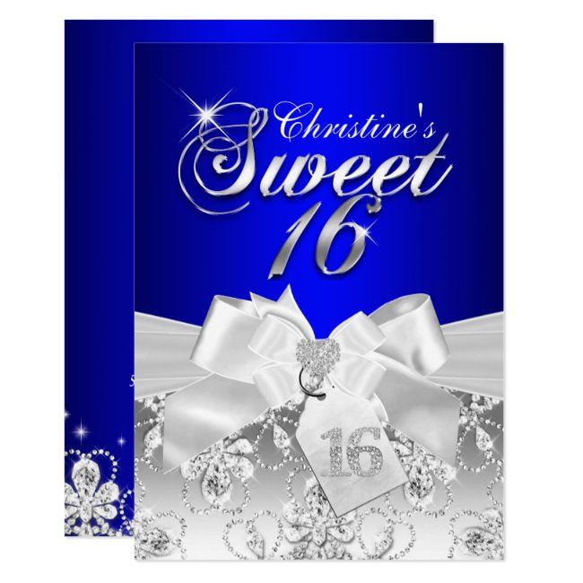 Pretty Diamond Bow Royal Blue Sweet 16 Invite