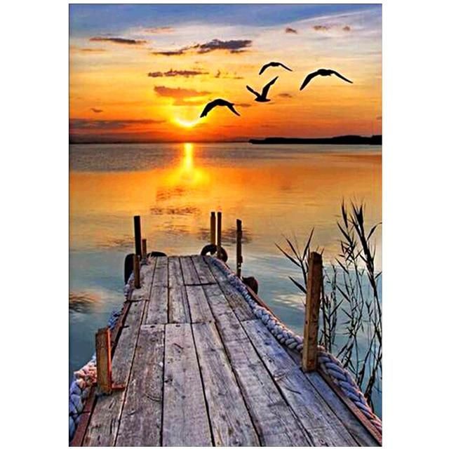 5D Diamond Painting Sunset/Love Beach DIY Round Full Diamond Embroidery Kit Landscape Home Decoration Crafts 30*40cm|Diamond Painting Cross Stitch| - 1 / 30*40cm