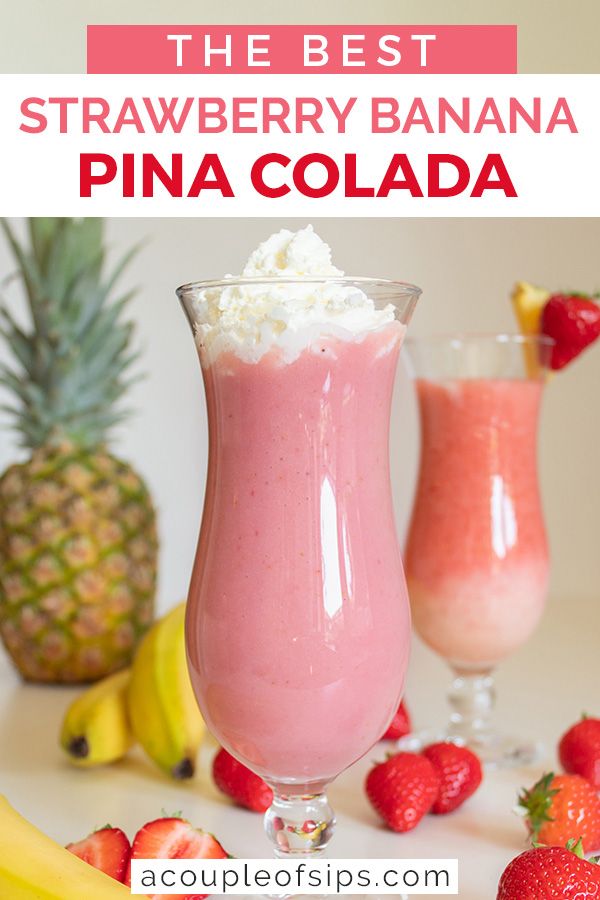 Strawberry Banana Pina Colada Recipe: A Smoothie-Like Drink » A Couple of Sips Strawberry Pina Colada Recipe, Pina Colada Recipe Non Alcoholic, Colada Drinks, Boozy Drinks, Refreshing Cocktails, Frozen Drinks, Dessert Drinks, Fun Cocktails, Peanut Colada Recipe
