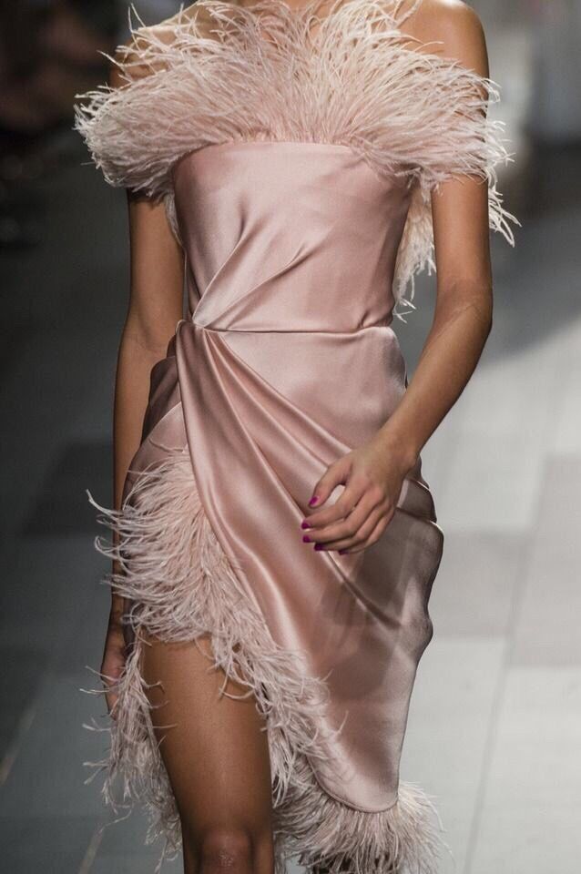 Elegant Pink Satin Dress With Ostrich Feather Trim Elegant Pink Satin Dress With Ostrich Feather Trim