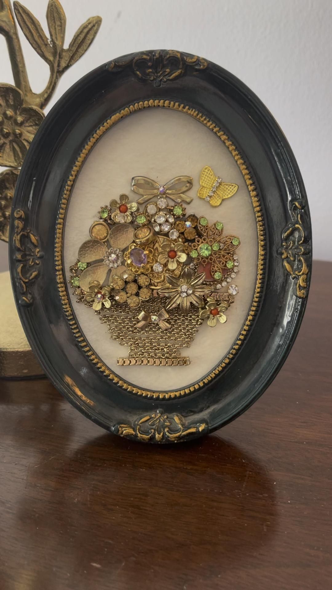 Flower Bouquet Basket/ Vintage Jewelry Art Framed/ Flower Bouquet Basket/ Vintage Jewelry Art Framed/