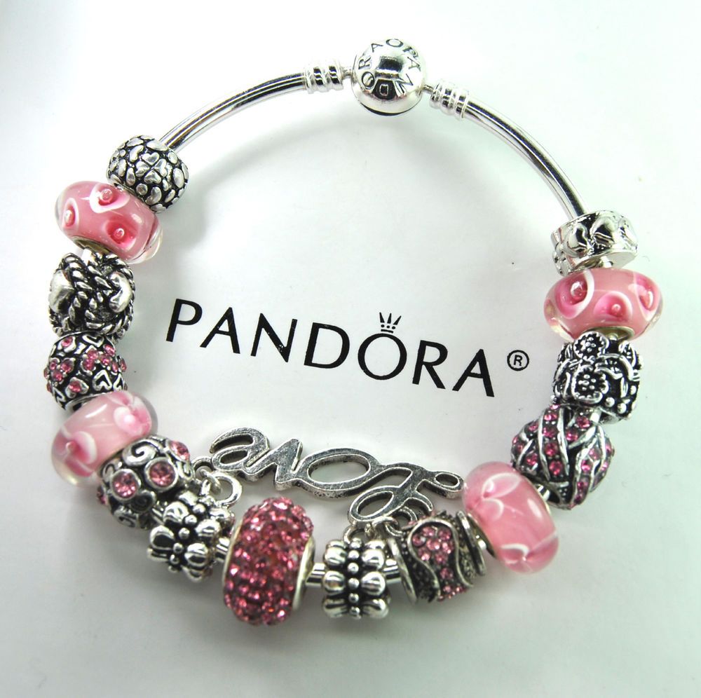 Authentic Pandora Silver bangle charm bracelet with European Charms
