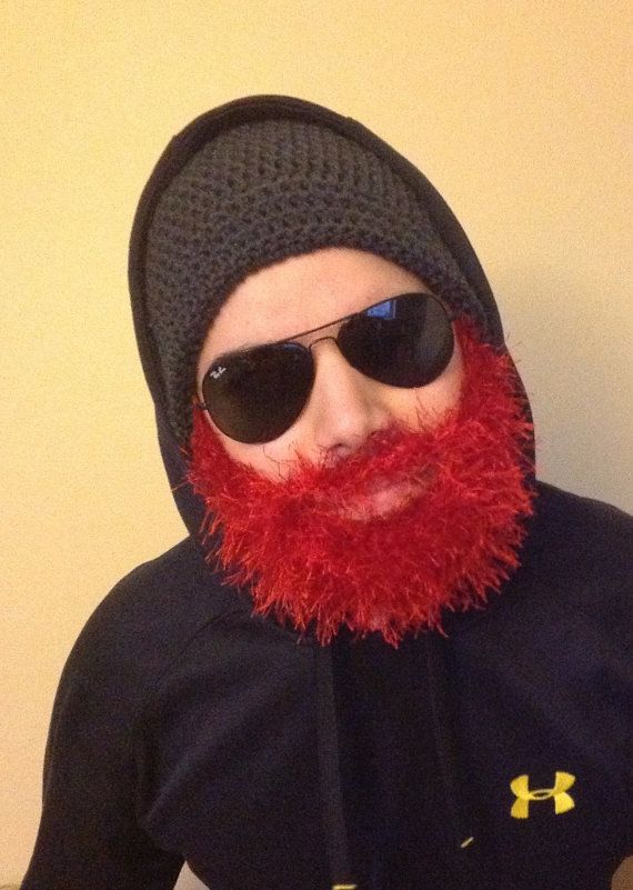 Handmade Crochet Beard hat, beard beanie, Dark gray hat with red beard, beard hat, men beard hat #crochetedbeards