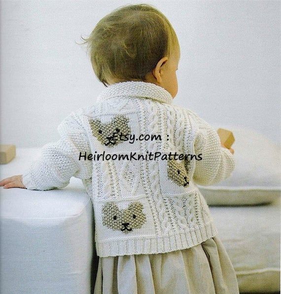 ******** Instant Download Knitting Pattern PDF - 233 *********** Baby Toddler Boys Girls Cable and Teddybear Jacket. Instructions are given for 2 sizes. TO FIT AGE: 6-12 Months & 12-18 Months. YOU WILL NEED DK yarn, 3mm & 3.25mm knitting needles, 2 cable needles, 4 buttons. YOU WILL RECEIVE A PDF Baby Girl Knitting Patterns, Vintage Knitting Patterns, Knit Stitch Patterns, Baby Patterns, Vintage Pattern, Baby Cardigan Knitting Pattern, Baby Blanket Pattern, Teddy Bear Girl, Teddy Bears