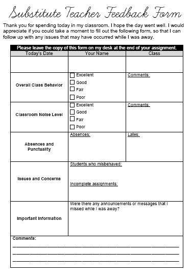 free substitute teacher feedback form teacher forms teacher feedback forms