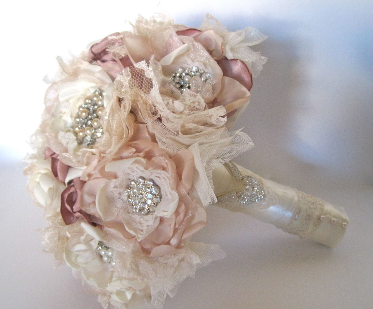 Wedding Bouquet Vintage Inspired Fabric Brooch In Ivory Wedding Bouquet Vintage Inspired Fabric Brooch In Ivory Champagne And Dusty Rose With Pearls Rhinestones