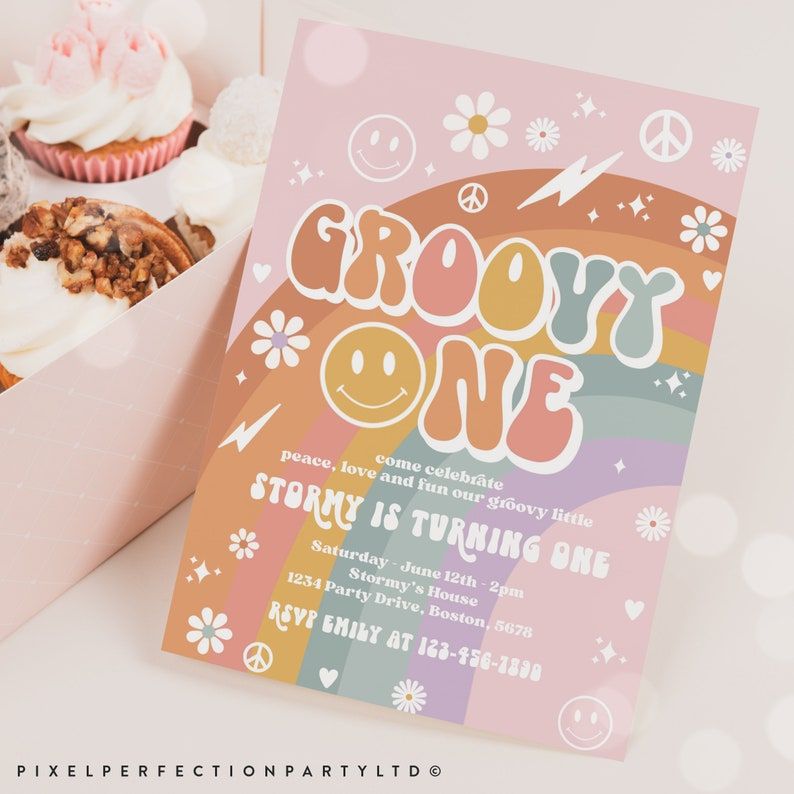 Editable Groovy One Birthday Party Invitation Peace Love Party | Etsy First Birthday Themes, First Birthday Parties, First Birthdays, Invitation For Birthday Party, Simple 2nd Birthday Party For Girl, Birthday Party Invitations Free, Birthday Ideas, Hippie Birthday Party, Baby Birthday