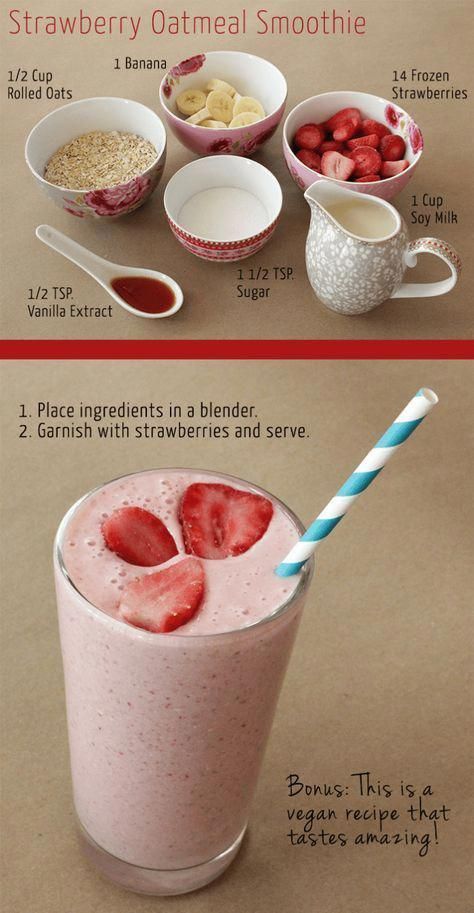 Strawberry-Oatmeal-Smoothie #smoothierecipes #FoodAndHealthy Healthy Drinks Smoothies, Healthy Drinks Recipes, Easy Smoothie Recipes, Smoothie Diet, Detox Drinks, Yogurt Recipes, Oatmeal Recipes, Diet Recipes, Vegan Recipes