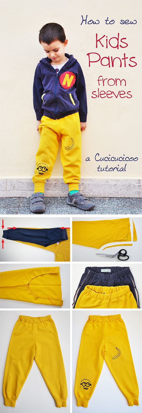 Save time when sewing your children's clothes with this refashion tutorial - make pants from sleeves for (almost) immediate results! No pattern necessary! #diywardrobe #fashionhack #refashion Sewing Projects Clothes Upcycling, Boy Sewing Projects, Clothes Upcycle, Sewing For Kids, Sewing Clothes, Sewing Tutorials, Diy Clothes, Sewing Pants, Clothes Refashion