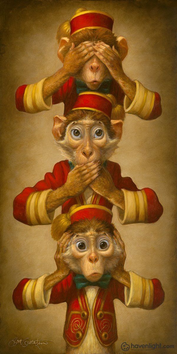 The three monkeys from the proverb actually have given names - Mizaru, who sees no evil, covers his eyes, Iwazru covers his mouth so he speaks no evil, and Kikazaru, who covers his ears, hears no evil. Monkey Wallpaper, Temple Pictures, Monkey Art, Wise Monkeys, Evil Art, Lds Art, See No Evil, Classic Fairy Tales, Jesus Painting