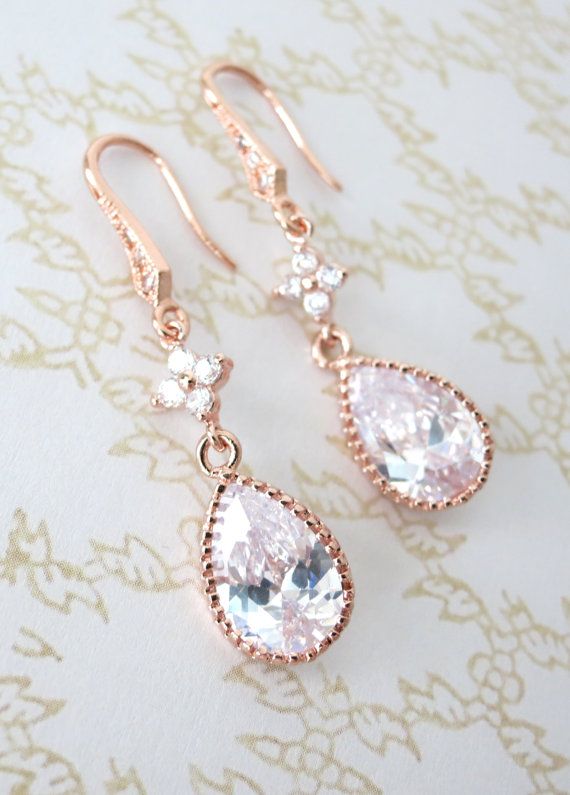 Rose Gold Cubic Zirconia Teardrop Earrings Gifts For Her Rose Gold Cubic Zirconia Teardrop Earrings Gifts For Her Bridal Drop Dangle Pink Weddings Bridesmaid Colormemissy