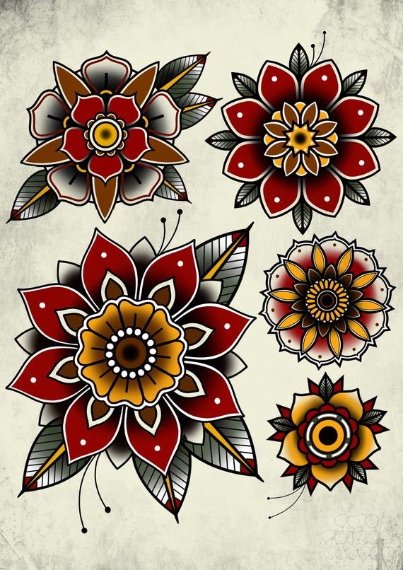 Traditional Mandala Tattoo Flower Flash Print A3 Etsy Tatuaggi sul