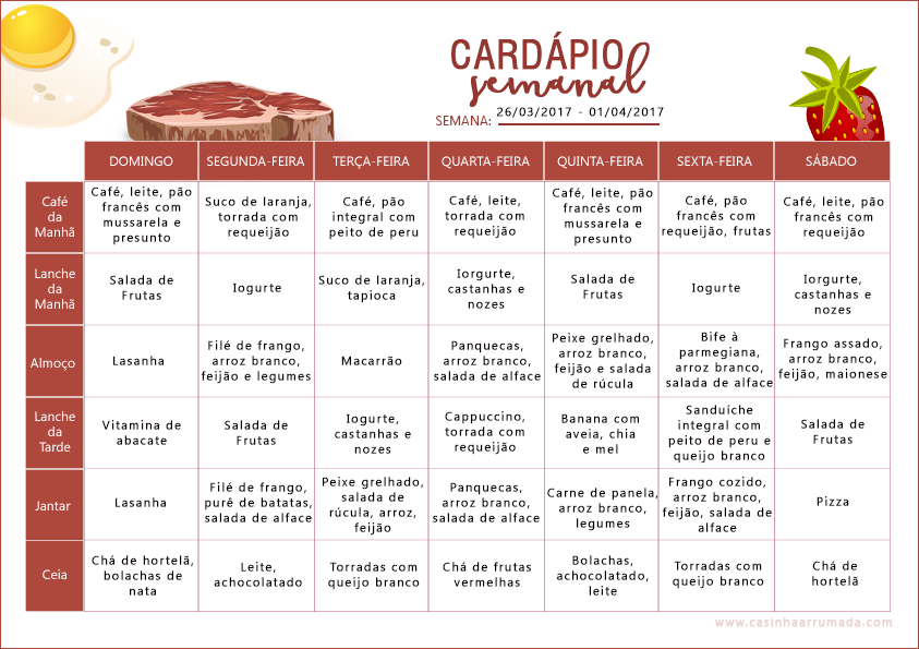 Pin em Dicas | Diversos - cardápio semanal para família simples