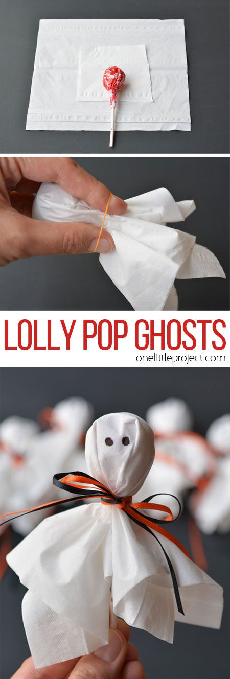 These lolly pop ghosts are SO CUTE! They're super easy and make a fun treat to send to school for Halloween! Fröhliches Halloween, Birthday Halloween Party, Halloween Goodies, Holidays Halloween, Halloween Kids Decorations, Diy Halloween Treat Bags, Halloween Party For Kids, Halloween Recipes, Halloween Lollipop
