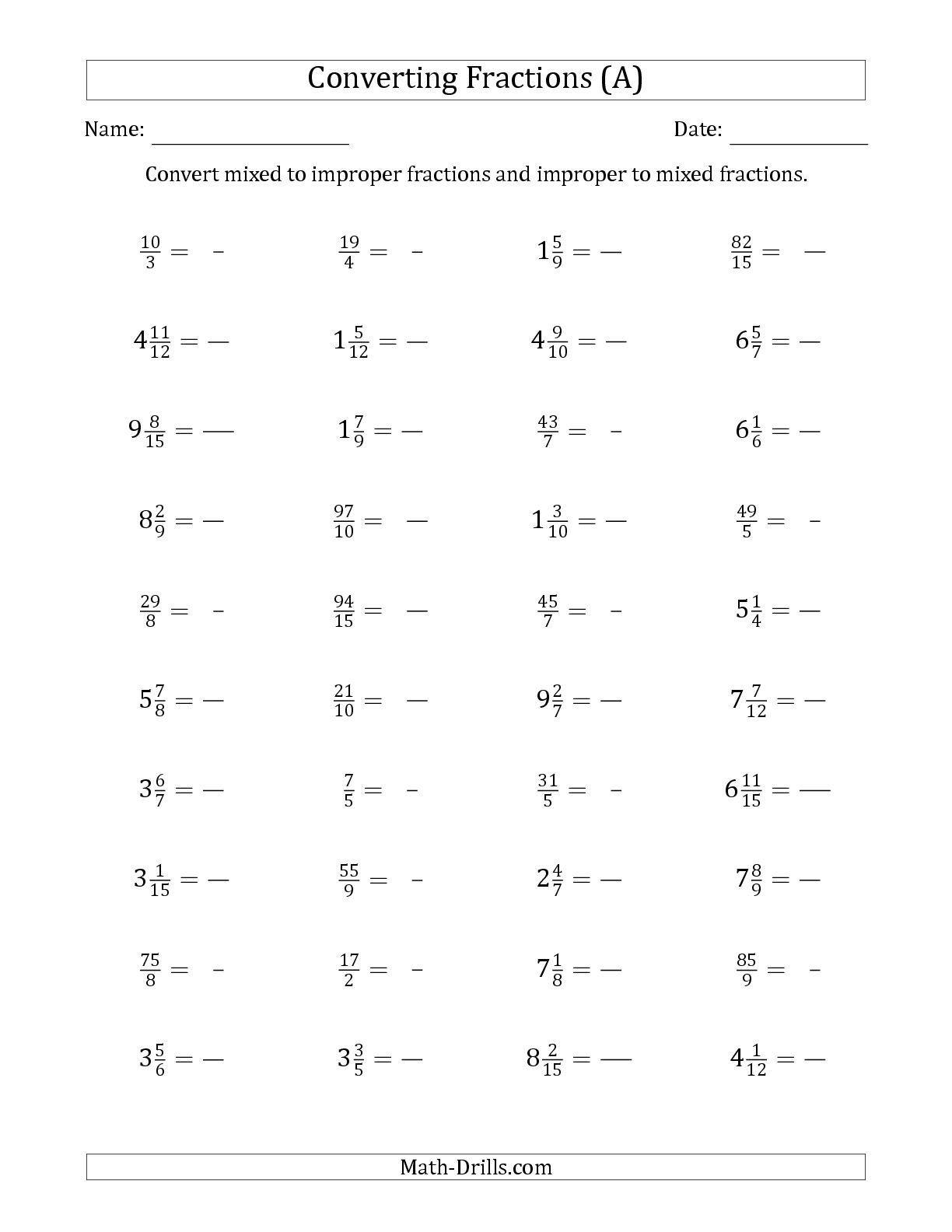 the converting between mixed and improper fractions a math the converting between mixed and improper fractions a math worksheet from the fractions worksheet page at mathdrillscom