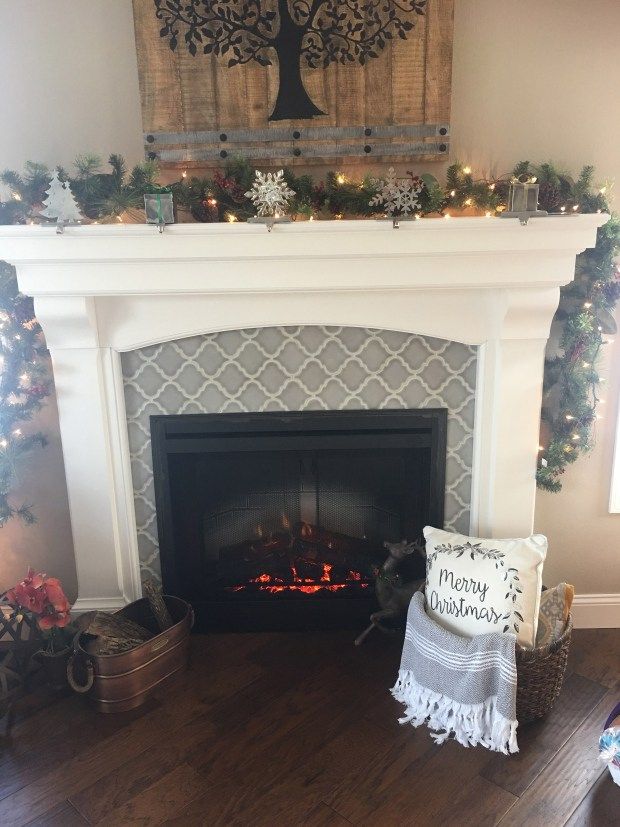 Fireplace redo with Arabesque Tile! Pearl White Mantel | NEW HOUSE | Pinterest | Fireplace redo