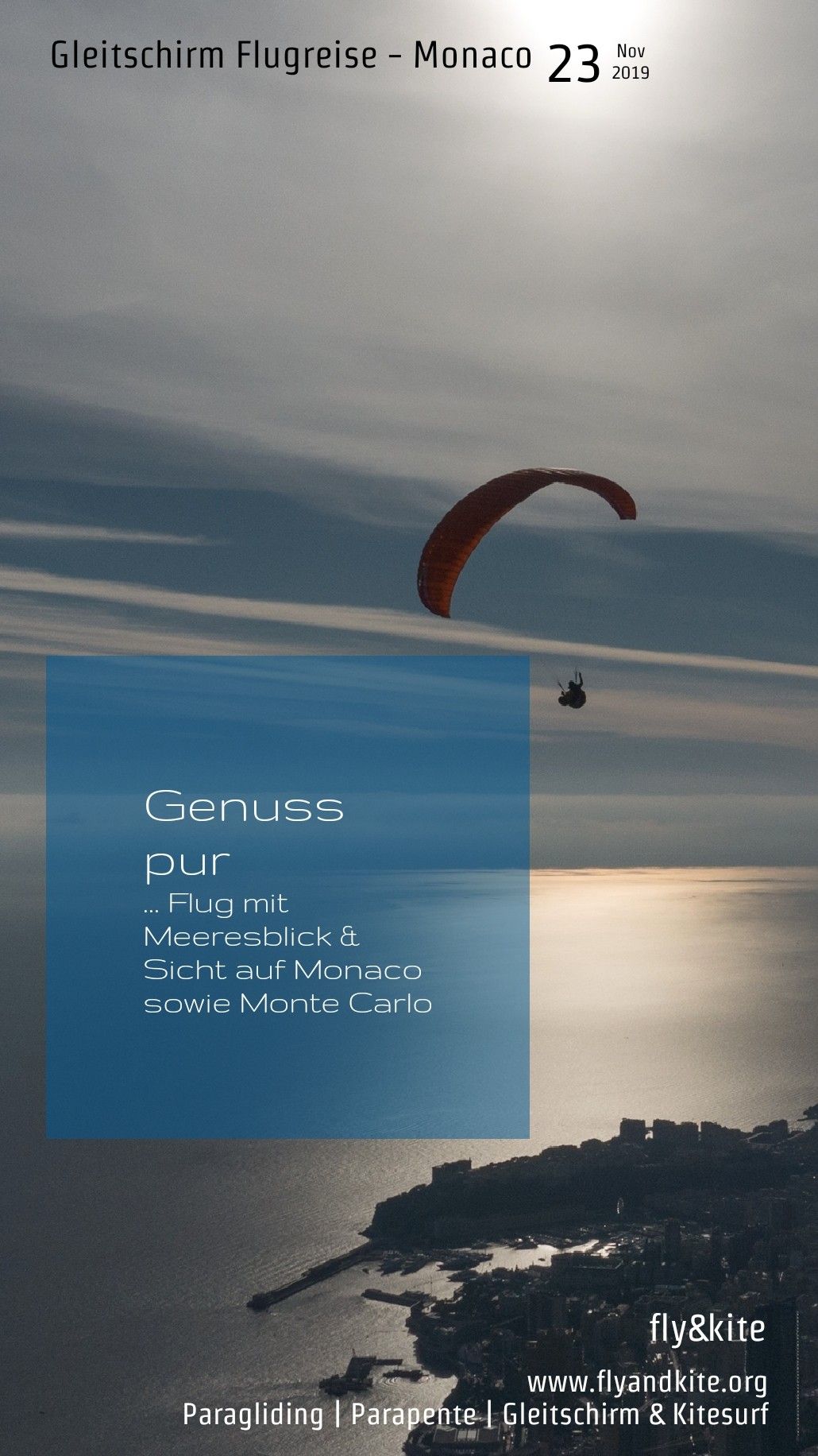 Entfliehe dem kalten & trüben Novemberwetter in der Schweiz. Drehe entlang der französischen Seealpen auf, mit Sicht auf Monaco. Soare über Roquebrune-Cap-Martin, mit wunderschönen Blick auf die Altstadt & fliege bis in den Sonnenuntergang. Sei bei dieser Reise dabei & geniesse das warme & maritime Flair der Côte d'Azur. Monte Carlo, Flyer, Cote D Azur, Der Bus, Kite, Monaco, Desktop Screenshot, Airline Travel, Sunset Beach