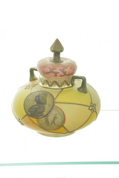 Royal Flemish Covered Jar Finialed Lid Having Gilt Accents Double Handled Satin Glass Body With Autumnal Colors And Meda Antique Glassware Flemish Pottery Art
