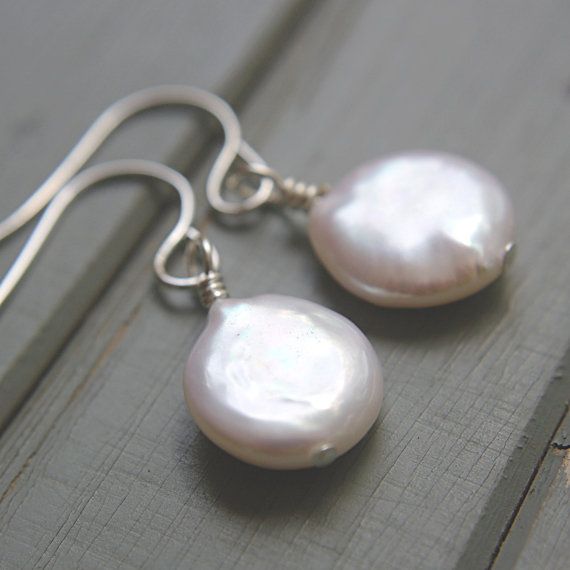 White Coin Pearl Earrings 925 Sterling Silver Flat Dangle White Coin Pearl Earrings Sterling Silver Flat Dangle